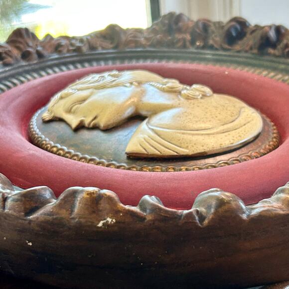 Vintage Ceramic Cameo Wall Hanging, Victorian Woman, Painted Velvet Border - Picture 12 of 16